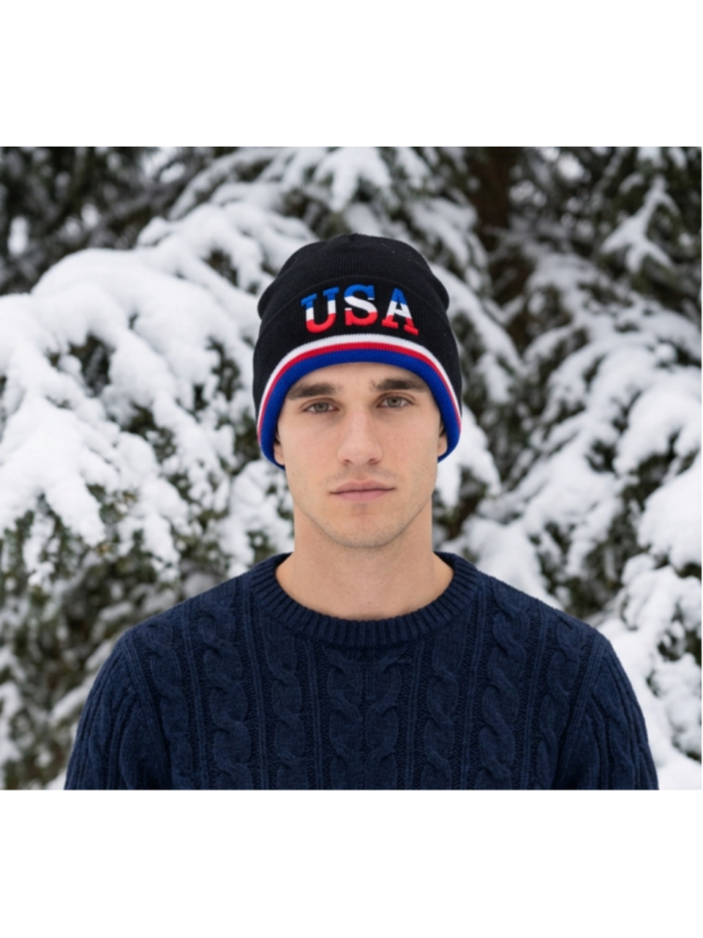 Men's USA Beanie Hat One Size Black Red White Blue Winter Insulated Outdoors